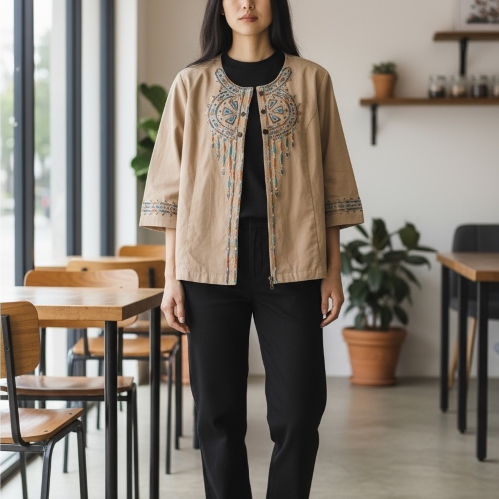 Bob Mackie Beige Embroidered Utility Jacket